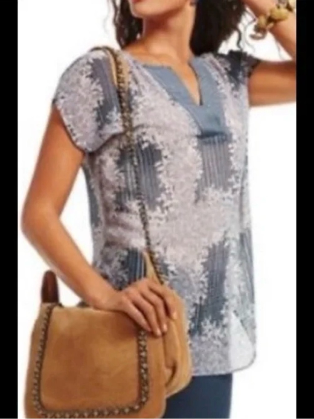 Cabi # 278 Blue Floral Print Split-Neck Women’s Top